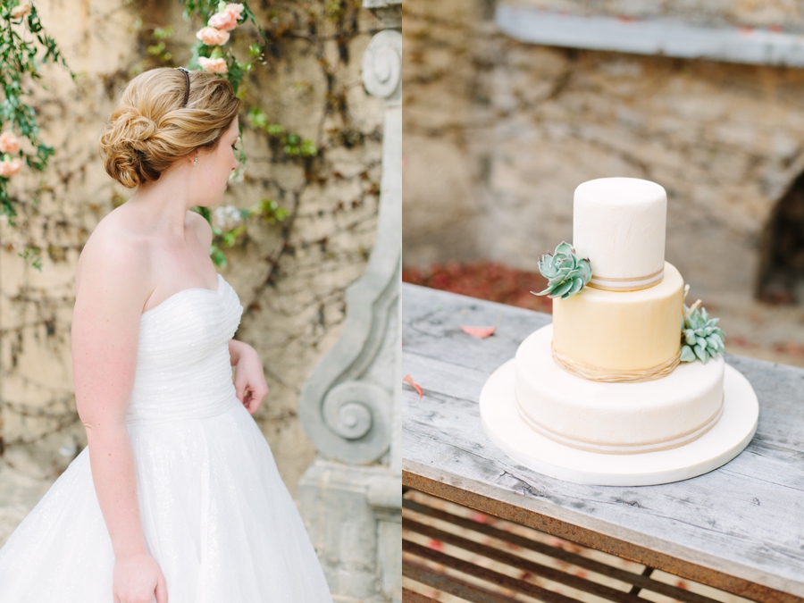 bride in strapless white ballgown, three tier fondant neutral cake with succulent accents